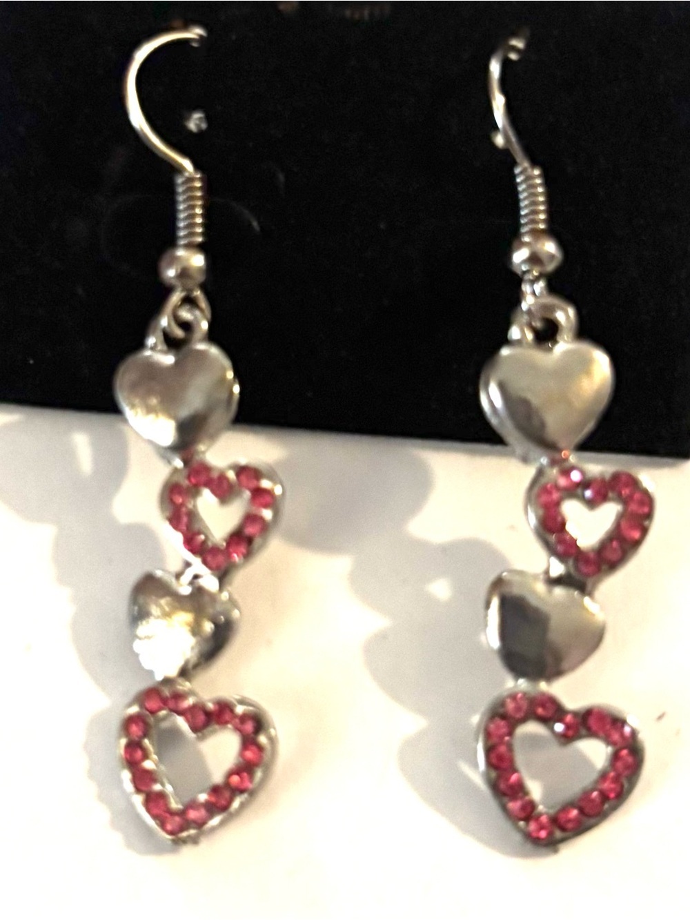 Fashion Jewelry Silver-Tone Earrings with Pink Crystal Hearts